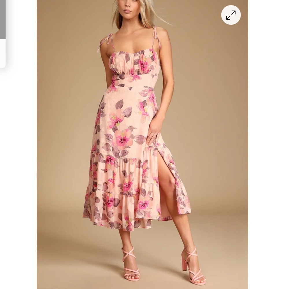 Lulu’s Tea Party Chic Pink Floral Print Tie-Strap Tiered Midi Dress Size Small